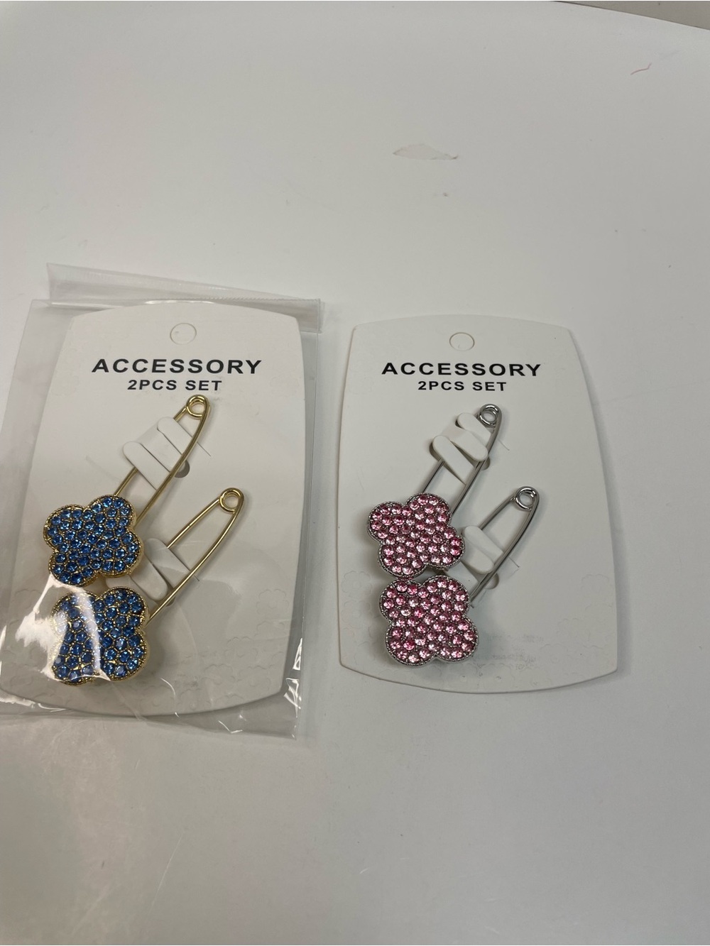 Rhinestone Clover Pin Brooch Set in Blue and Pink 2-Sets